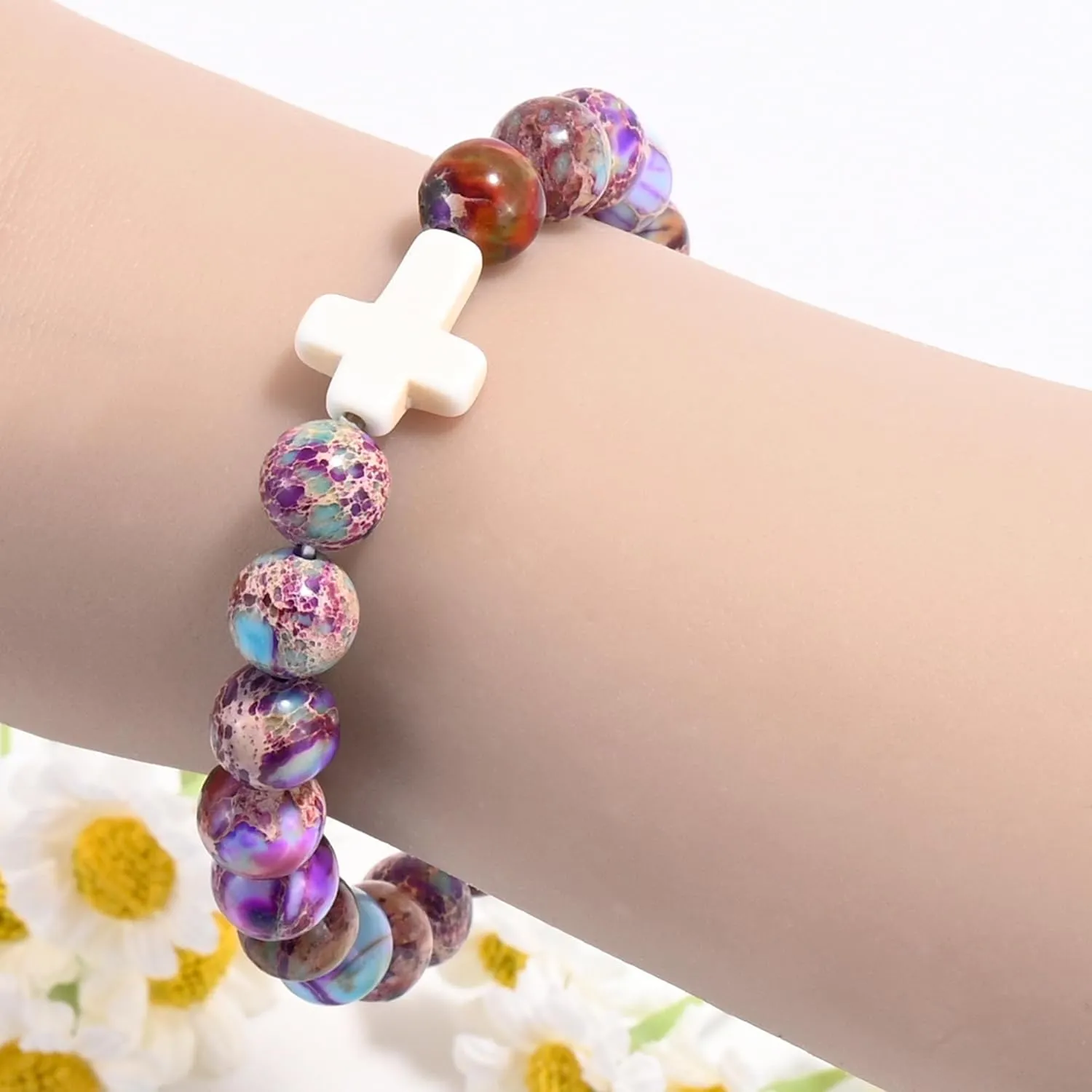 VIBILIA Beaded Bracelets for Women, Inspirational Cross Bracelet for Women, Natural Gemstone Jesus Bracelet, Christian Gifts for Mom, Daughter, Wife, Sister, Friend Birthday Mother's Day