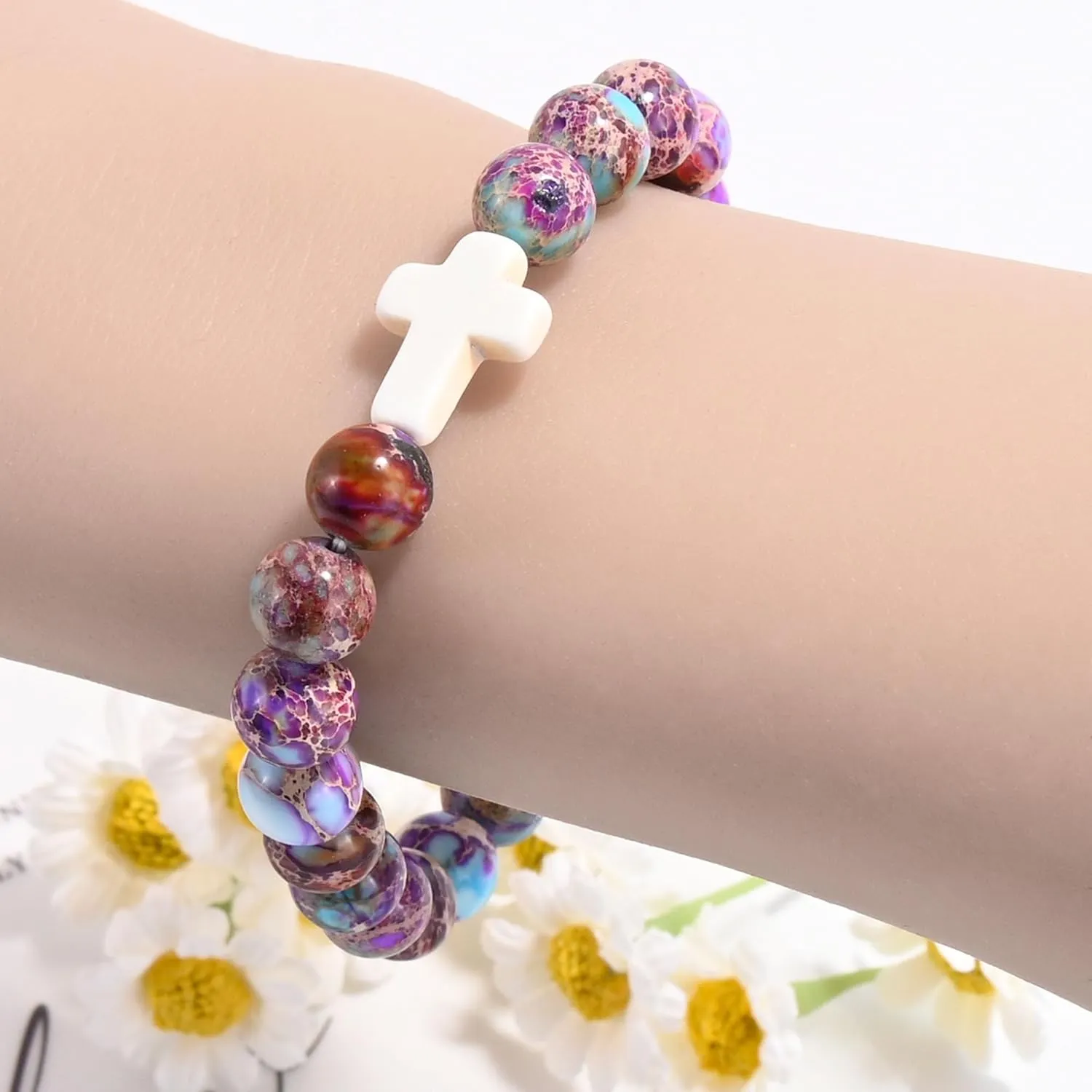 VIBILIA Beaded Bracelets for Women, Inspirational Cross Bracelet for Women, Natural Gemstone Jesus Bracelet, Christian Gifts for Mom, Daughter, Wife, Sister, Friend Birthday Mother's Day