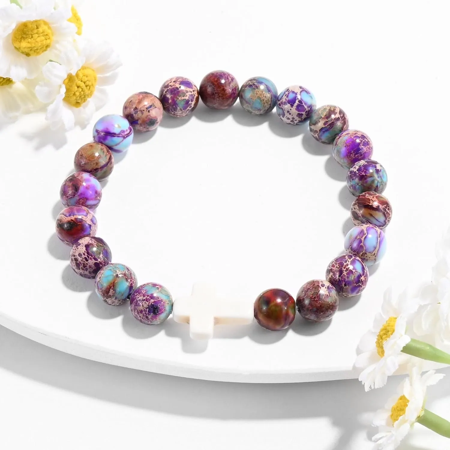 VIBILIA Beaded Bracelets for Women, Inspirational Cross Bracelet for Women, Natural Gemstone Jesus Bracelet, Christian Gifts for Mom, Daughter, Wife, Sister, Friend Birthday Mother's Day