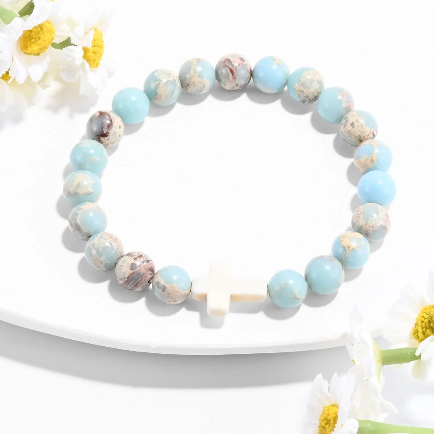 VIBILIA Beaded Bracelets for Women, Inspirational Cross Bracelet for Women, Natural Gemstone Jesus Bracelet, Christian Gifts for Mom, Daughter, Wife, Sister, Friend Birthday Mother's Day