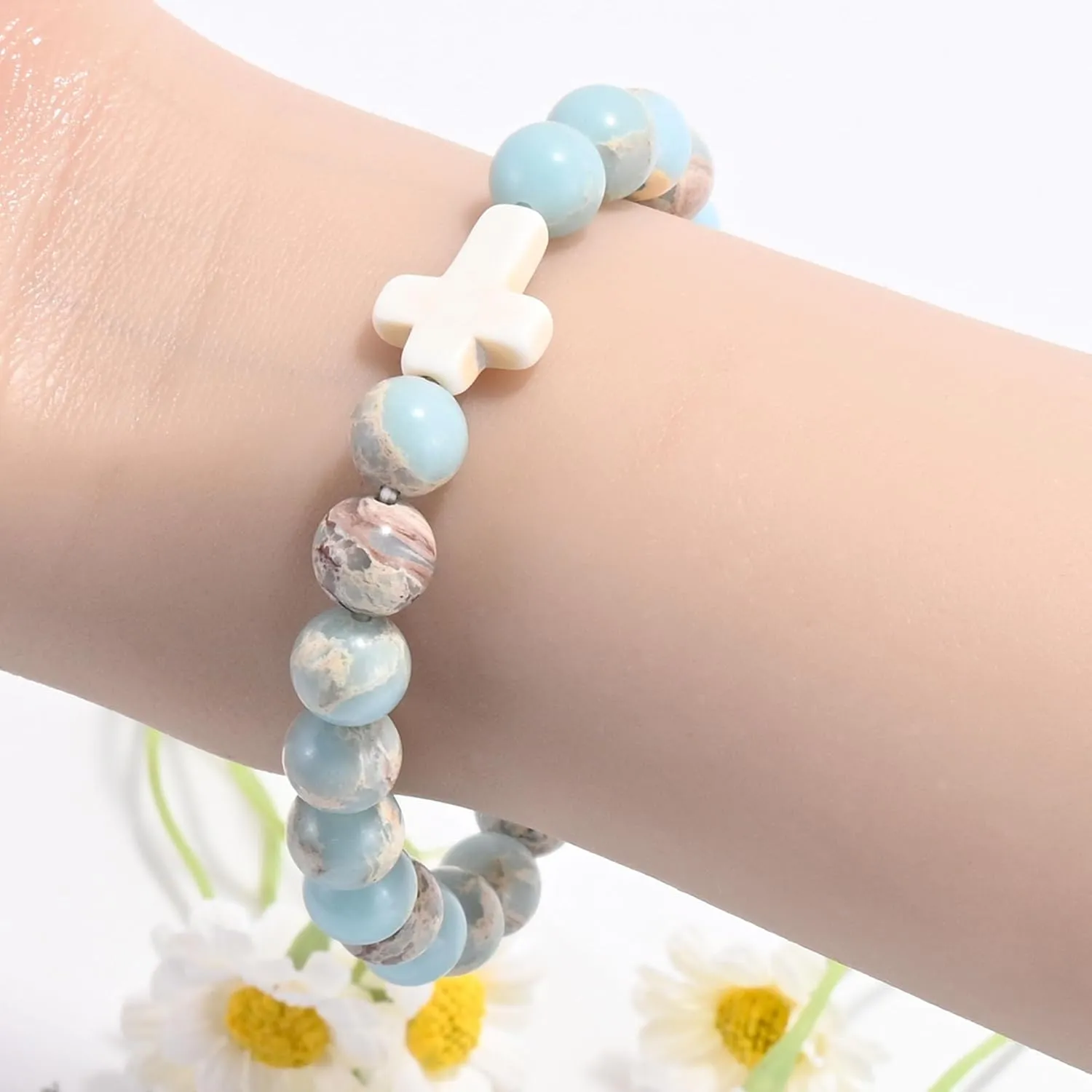 VIBILIA Beaded Bracelets for Women, Inspirational Cross Bracelet for Women, Natural Gemstone Jesus Bracelet, Christian Gifts for Mom, Daughter, Wife, Sister, Friend Birthday Mother's Day