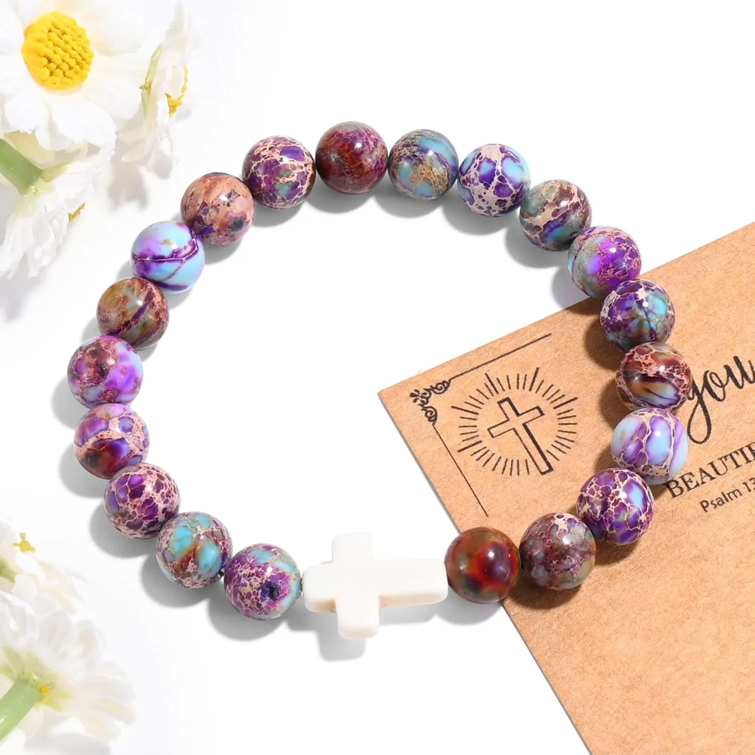 VIBILIA Beaded Bracelets for Women, Inspirational Cross Bracelet for Women, Natural Gemstone Jesus Bracelet, Christian Gifts for Mom, Daughter, Wife, Sister, Friend Birthday Mother's Day