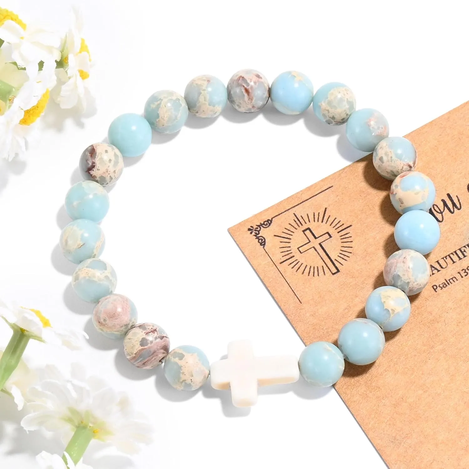 VIBILIA Beaded Bracelets for Women, Inspirational Cross Bracelet for Women, Natural Gemstone Jesus Bracelet, Christian Gifts for Mom, Daughter, Wife, Sister, Friend Birthday Mother's Day