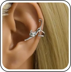 Vintage Cat Ear Cuff Earrings Cat Cuff Climber Earrings Gold Cartilage Clip Animal Clip On Earring Jewelry for Women (Silver)