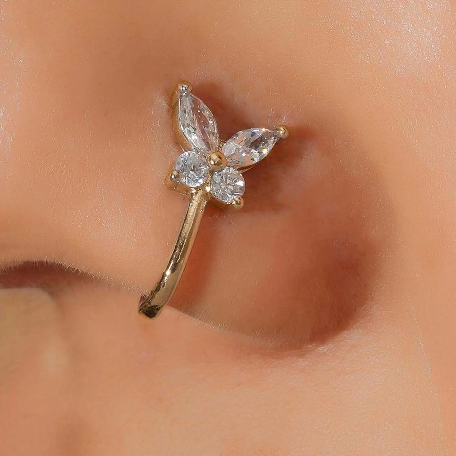 Vintage Crystal Butterfly Nose Ring Rhinestone Nose Cuff Cz Butterfly Copper African Nose Ring Fake Non Pierced Nose Ring Jewelry for Women
