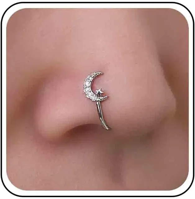 Vintage Crystal Crescent Moon Nose Ring Rhinestone Star Nose Cuff Tiny Cz Moon Star Copper African Nose Ring Fake Non Pierced Nose Ring Jewelry for Women