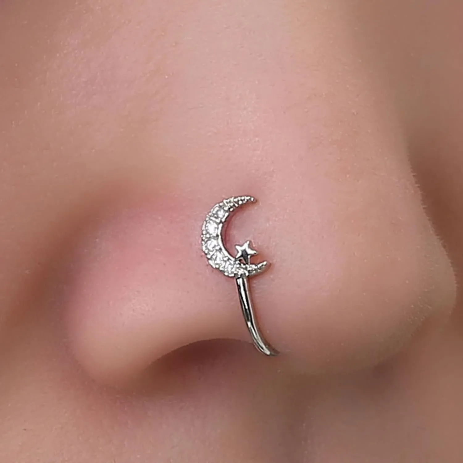 Vintage Crystal Crescent Moon Nose Ring Rhinestone Star Nose Cuff Tiny Cz Moon Star Copper African Nose Ring Fake Non Pierced Nose Ring Jewelry for Women
