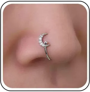 Vintage Crystal Crescent Moon Nose Ring Rhinestone Star Nose Cuff Tiny Cz Moon Star Copper African Nose Ring Fake Non Pierced Nose Ring Jewelry for Women