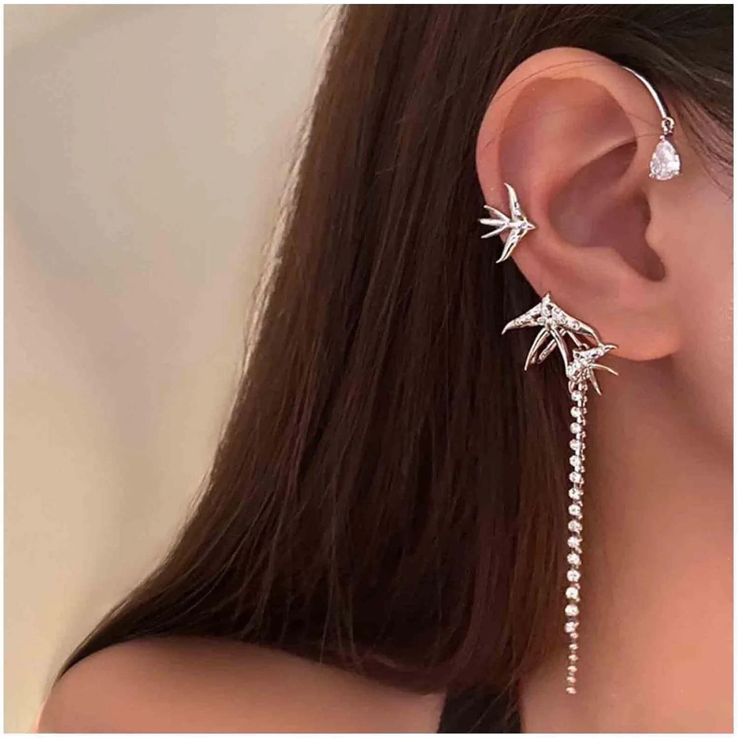 Vintage Crystal Dove Cuff Wrap Earrings Silver Cz Dove Cuff Chain Earrings Long Tennis Chain Tassel Earrings Cz Dove Climber Crawler Earrings Teardrop Crystal Wrap Around Earrings Jewelry for Women and Girls