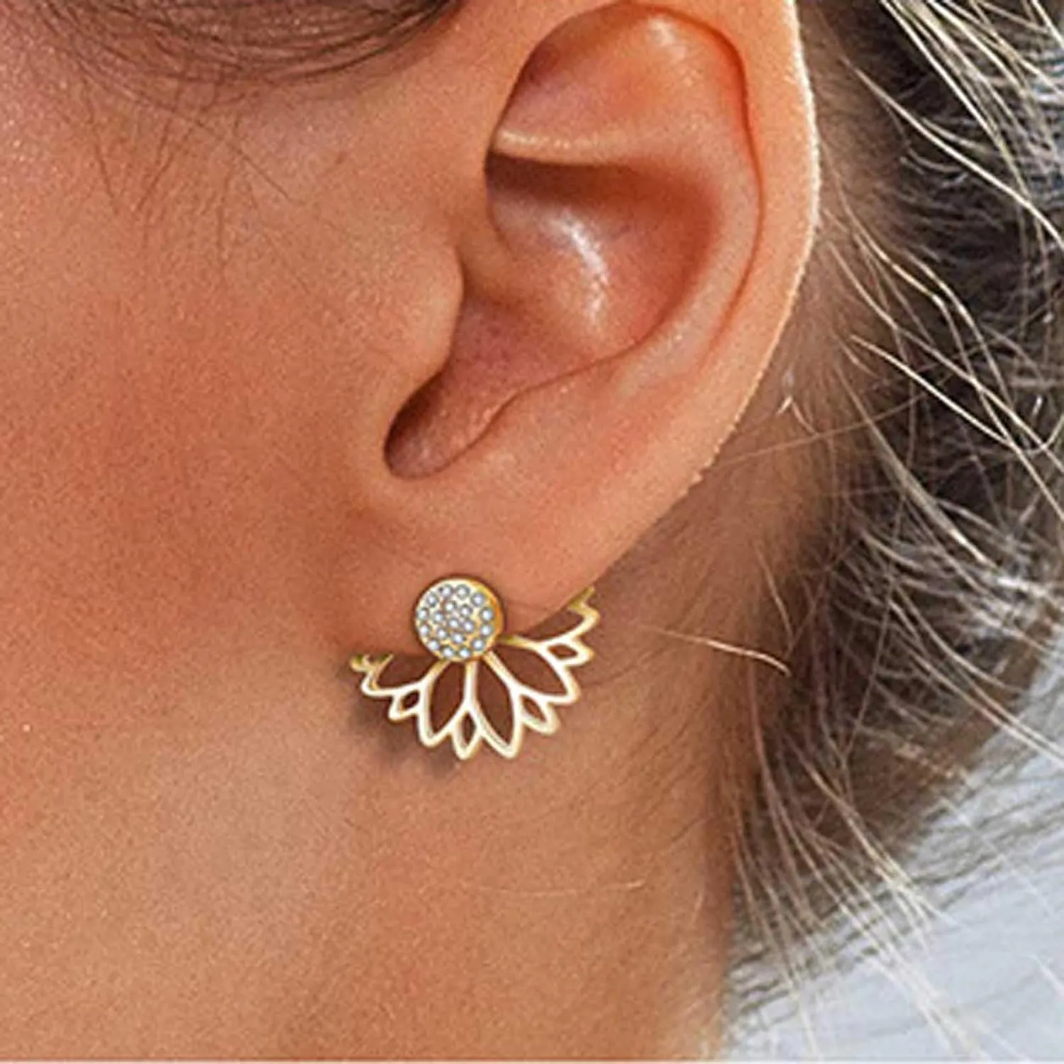 Vintage Crystal Lotus Ear Jacket Earrings Gold Cz Lotus Jacket Earrings Rhinestone Lotus Ear Climber Earrings Front Back Earrings Jewelry for Women (Gold)