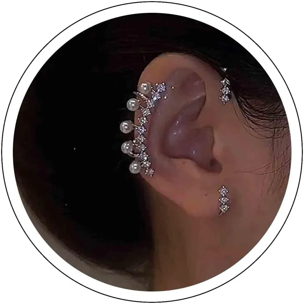 Vintage Crystal Pearl Ear Cuffs - Silver Pearl Cuff Wrap Earrings with Cluster Cz Pearls - Clip On & Wrap Around Styles - Perfect for Women & Girls