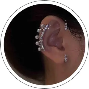 Vintage Crystal Pearl Ear Cuffs - Silver Pearl Cuff Wrap Earrings with Cluster Cz Pearls - Clip On & Wrap Around Styles - Perfect for Women & Girls