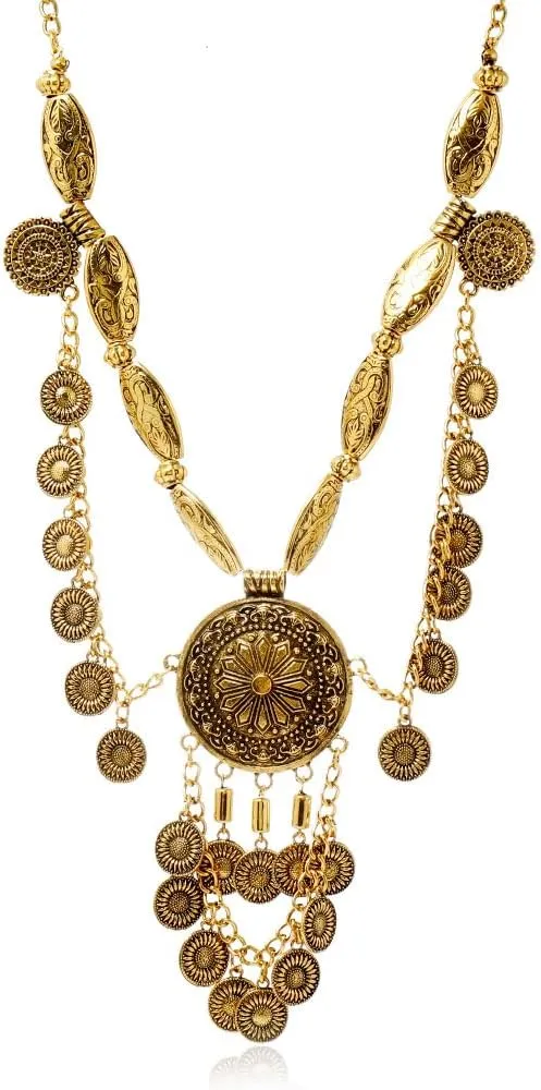 Vintage Engraved Coin Tassel Statement Collar Necklace for Women Ancient Gold Carving Big Round Layered Bohemia Long Chain Choker Gypsy Ethnic Boho Bib Exaggerate Pendant Personalized Retro Jewelry Gifts