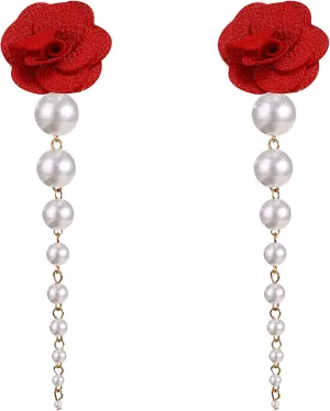 Vintage Flower Pearl Tassel Stud Earrings for Women Statement Big Pearl Floral Dangling Earrings Party Jewelry