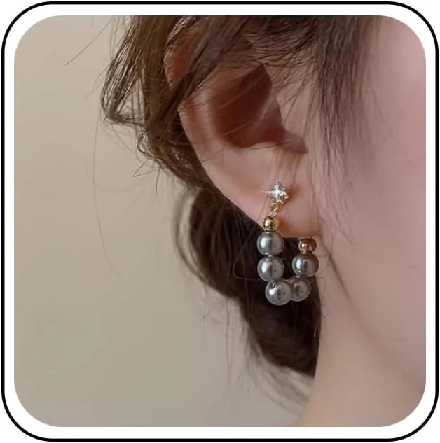 Vintage Grey Pearl Hoop Earrings Grey Pearl Dangle Earrings Tiny Cz Stud Earrings Personlized Grey Pearl Huggie Hoop Earrings Jewelry for Women
