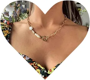 Vintage Irregular Pearl Necklace Pearl Splicing Chain Necklace Punk Paperclip Chain Necklace Gold T Bar Choker Necklace for Women