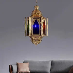 Vintage Lantern Ceiling Light with Colorful Glass Shade - Brass Metal Pendant Lamp