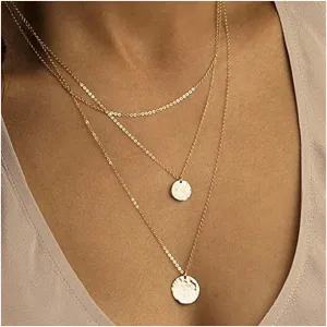 Vintage Layered Coin Disc Choker Necklace Gold Coin Pendant Necklace Hammered Disc Necklace Geometric Round Circle Necklace Jewelry for Women