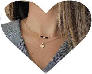 Vintage Layered Coin Disc Choker Necklace Retro Coin Pendant Necklace Black Onyx Beaded Necklace Gold Round Circle Necklace Jewelry for Women