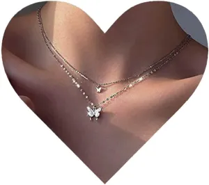 Vintage Layered Crystal Butterfly Necklace Rhinestone Butterfly Pendant Necklace Double Butterfly Choker Necklace Silver Lace Chain Necklace Jewelry for Women