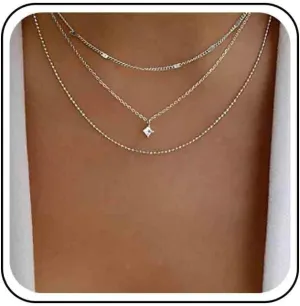 Vintage Layered Crystal Square Necklace Rhinestone Pendant Necklace Cz Square Choker Necklace Gold Multi Layered Chain Necklace Jewelry for Women (Gold)