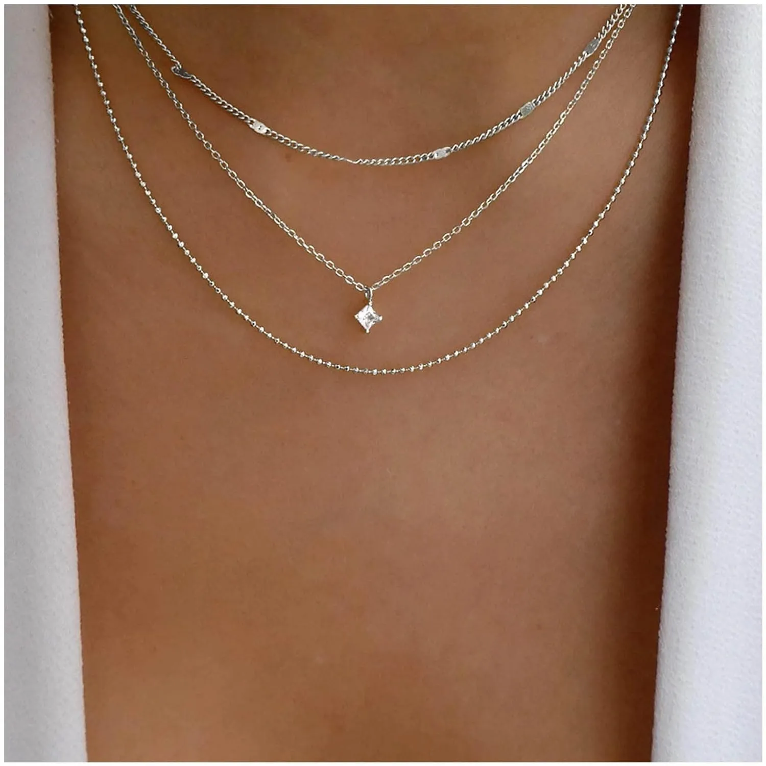Vintage Layered Crystal Square Necklace Rhinestone Pendant Necklace Cz Square Choker Necklace Gold Multi Layered Chain Necklace Jewelry for Women (Gold)