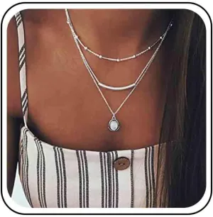 Vintage Layered Moonstone Necklace - Silver Ball Chain Choker - Women, All Ages
