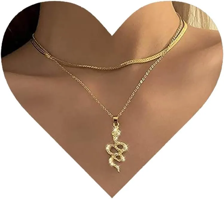 Vintage Layered Snake Pendant Necklace Crystal Snake Necklace Serpent Choker Necklace Gold Snake Herringbone Chain Necklace Jewelry for Women and Girls