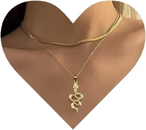 Vintage Layered Snake Pendant Necklace Crystal Snake Necklace Serpent Choker Necklace Gold Snake Herringbone Chain Necklace Jewelry for Women and Girls