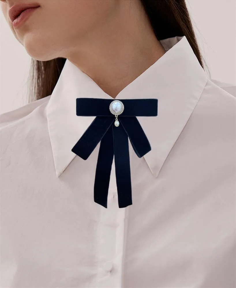 Vintage Pearl Ribbon Bow Brooch Pin for Women Girls Fashion Velvet Big Bowknot Pre-tied Collar Clip Brooches Lapel Pins Preppy Style Scarf Suit Dress Accessories Holiday Homecoming Prom Jewelry Gift