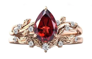 vintage red garnet engagement ring set art deco leaf design wedding ring set red gemstone ring set pear cut antique bridal anniversary rings anniversary gifts for couple women gifts ring