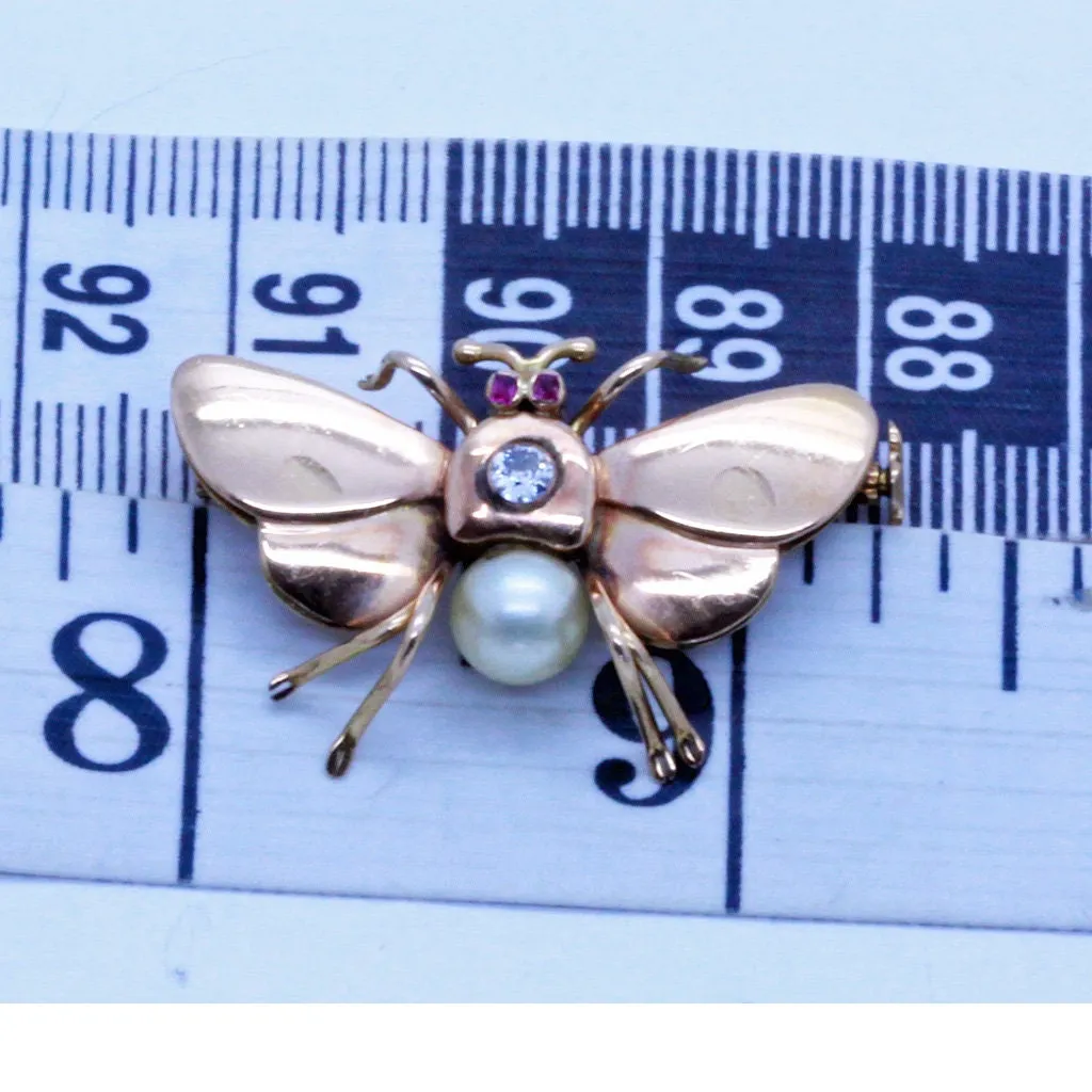 Vintage Retro Pair Butterfly Brooches Gold Diamonds Rubies Pearls Unisex (6999)