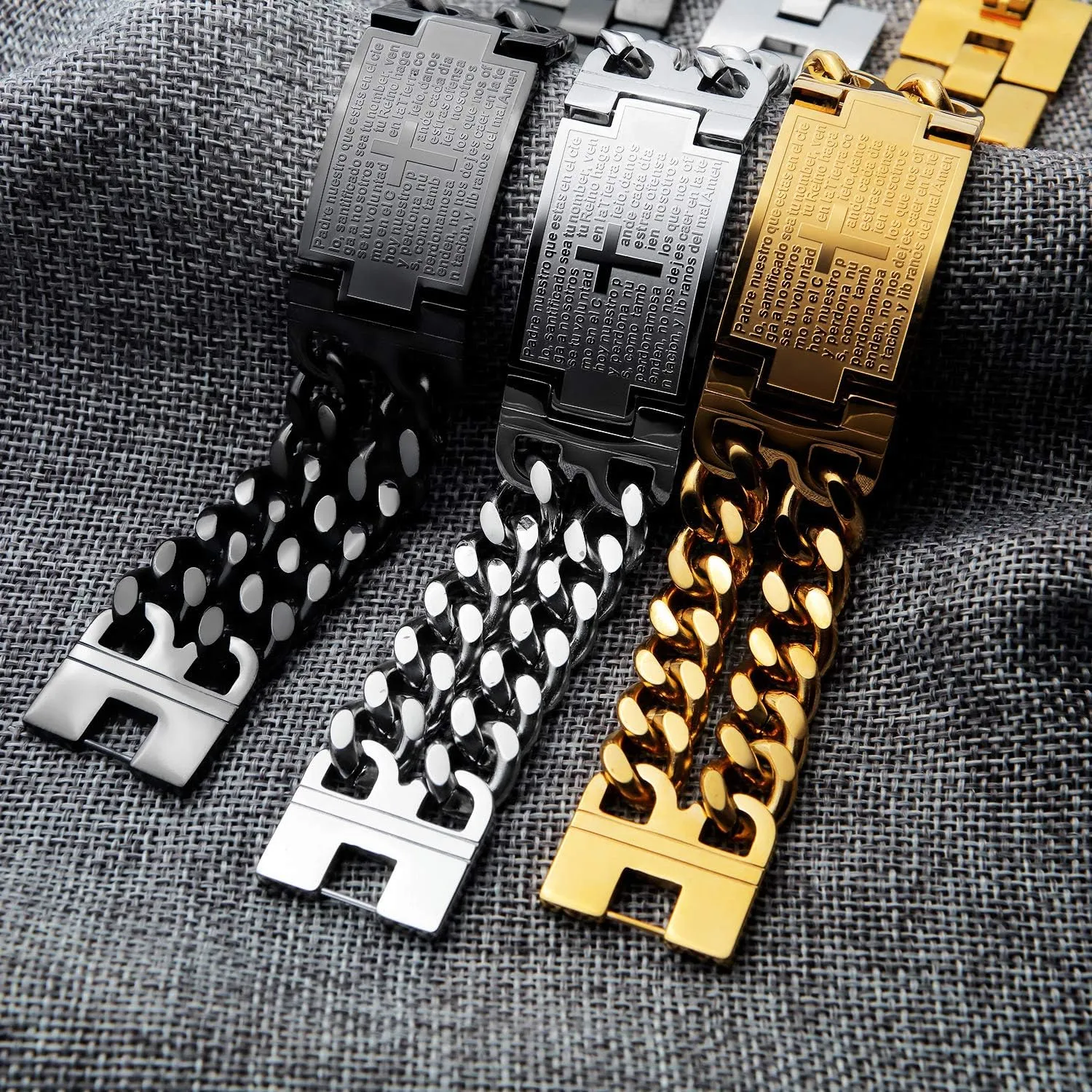 Vintage Stainless Steel Cross English Bible Lords Prayer Link Wrist Bracelet For Men,Gold/Black/Silver
