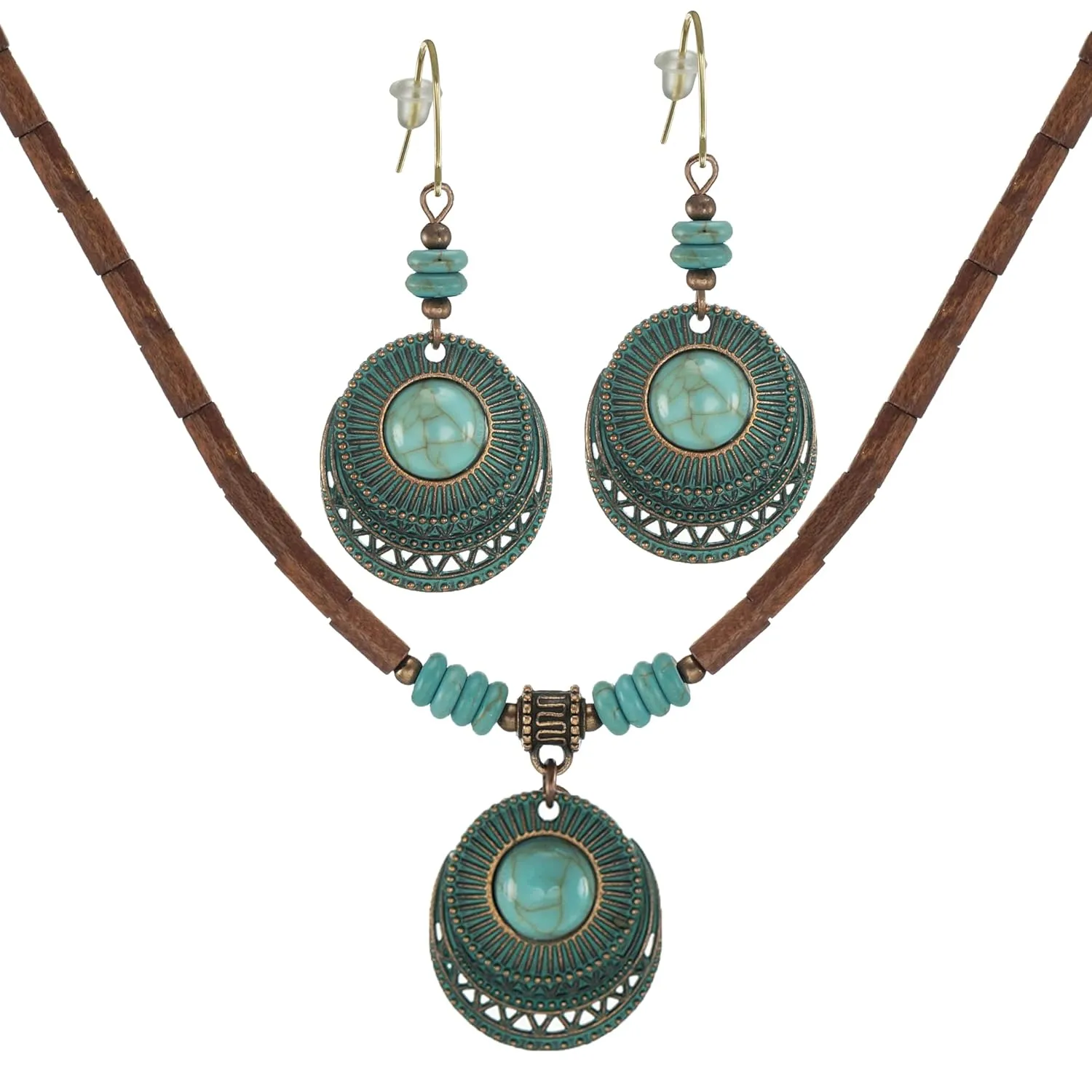 Vintage Style Copper Patina Turquoise Boho Wood Beaded Necklace, Earrings, or Necklace and Earring Set (necklace and earring set - 18 inch)