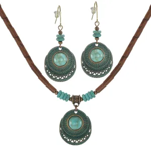 Vintage Style Copper Patina Turquoise Boho Wood Beaded Necklace, Earrings, or Necklace and Earring Set (necklace and earring set - 18 inch)