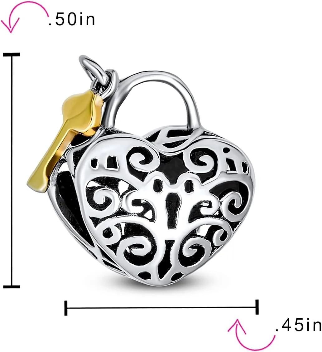 Vintage Two Tone Heart Shape Valentine Lovers Couple Filigree Lock & Key Charm Bead For Women Girlfriend 14K Gold Plated .925 Sterling Silver Fits European Bracelet