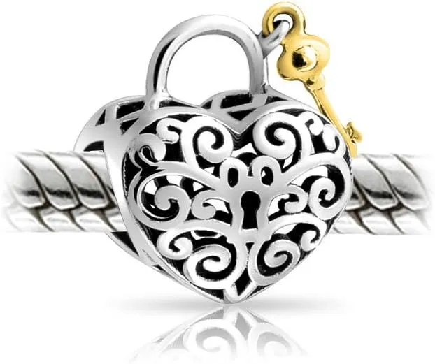 Vintage Two Tone Heart Shape Valentine Lovers Couple Filigree Lock & Key Charm Bead For Women Girlfriend 14K Gold Plated .925 Sterling Silver Fits European Bracelet
