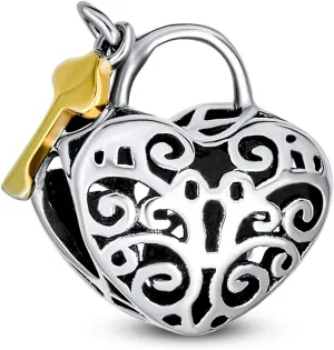 Vintage Two Tone Heart Shape Valentine Lovers Couple Filigree Lock & Key Charm Bead For Women Girlfriend 14K Gold Plated .925 Sterling Silver Fits European Bracelet