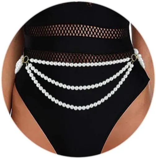 Vinzar Boho Pearl Waist Chain Belt Flower Waist Belly Chain Pearl Jewelry Waist Chain Beach Bikini Body Waist Chain for Women