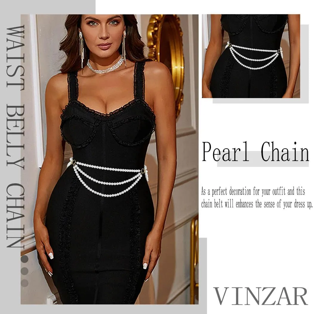 Vinzar Boho Pearl Waist Chain Belt Flower Waist Belly Chain Pearl Jewelry Waist Chain Beach Bikini Body Waist Chain for Women
