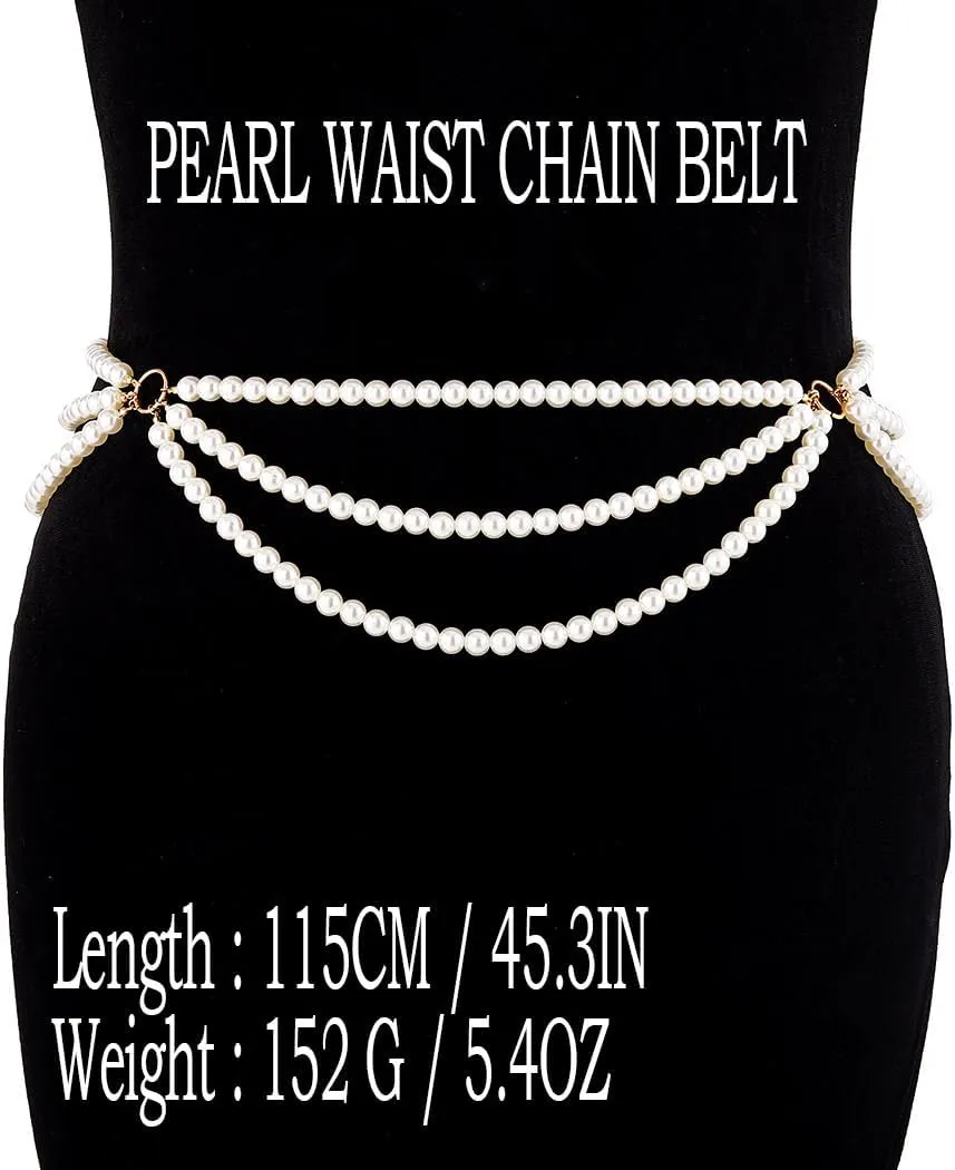 Vinzar Boho Pearl Waist Chain Belt Flower Waist Belly Chain Pearl Jewelry Waist Chain Beach Bikini Body Waist Chain for Women