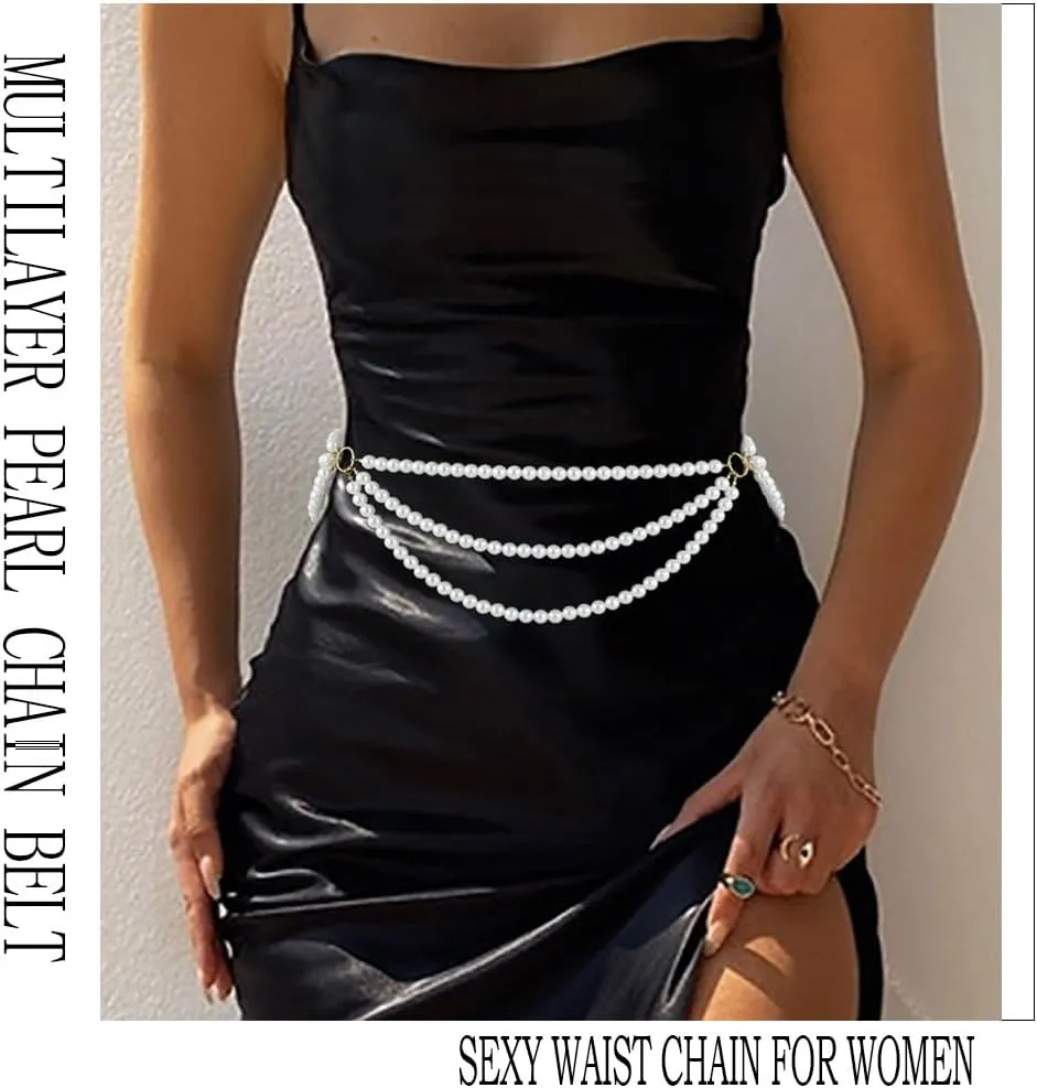 Vinzar Boho Pearl Waist Chain Belt Flower Waist Belly Chain Pearl Jewelry Waist Chain Beach Bikini Body Waist Chain for Women