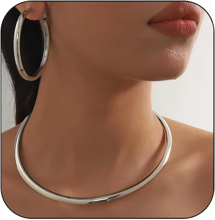 Vivian&CD Gold Choker Necklaces Earrings Set for Woman, Simple Metal Collar Necklace Earrings Set Open Round Clavicle Chain Earrings