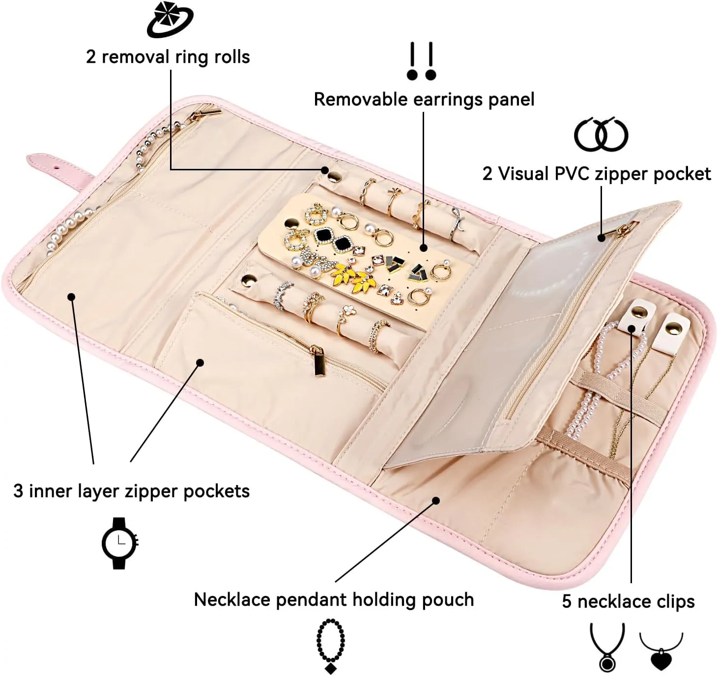 Voova Travel Jewelry Holder Organizer Case, Large Jewelry Storage Bag for Women Girls, Foldable Traveling Jewellery Pouch Roll for Necklaces Rings Earrings Bracelets, Light Pink