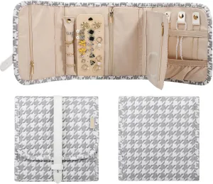 Voova Travel Jewelry Holder Organizer Case, Small Jewelry Storage Bag for Women Girls, Foldable Traveling Jewellery Pouch Roll for Necklaces Rings Earrings Bracelets, Mini, Grey White