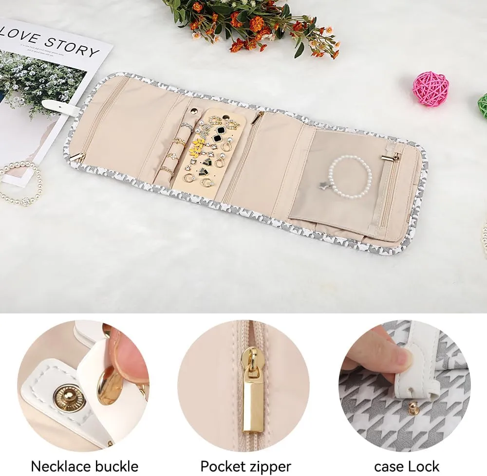 Voova Travel Jewelry Holder Organizer Case, Small Jewelry Storage Bag for Women Girls, Foldable Traveling Jewellery Pouch Roll for Necklaces Rings Earrings Bracelets, Mini, Grey White