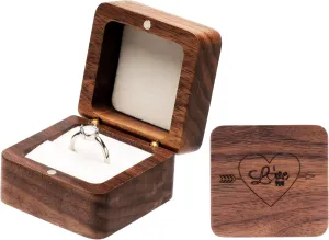 Walnut Wood Engagement Ring Box Jewelry Storage Box for Proposal Birthday (Beige Inner-Heart Arrow Love)