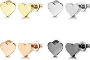 WCRAZYE 4 Pairs Heart Stud Earrings for Women Minimalist Stainless Steel Small Love Heart Shape Cartilage Tragus Post Earrings Christmas Birthday Valentine's Day Jewelry