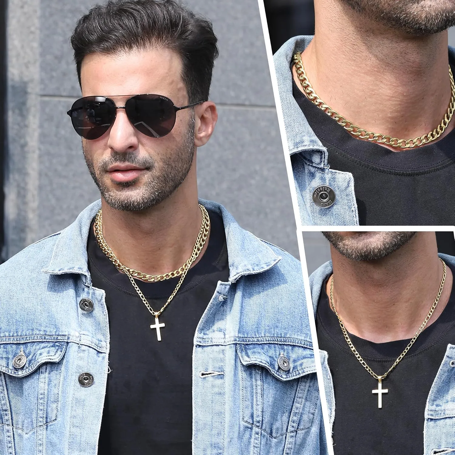 WEDDINEN Cross Necklace for Men Boys, Stainless Steel Layered Cross Pendant Cuban/Figaro Chains Christmas Jewelry Gifts