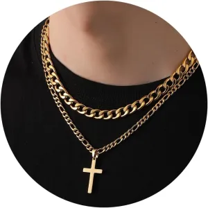 WEDDINEN Cross Necklace for Men Boys, Stainless Steel Layered Cross Pendant Cuban/Figaro Chains Christmas Jewelry Gifts